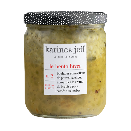 Bento collection hiver printemps -  boulgour et moelleux de poireaux, chou, épinards à la crème de brebis, pois cassés aux herbes - 1